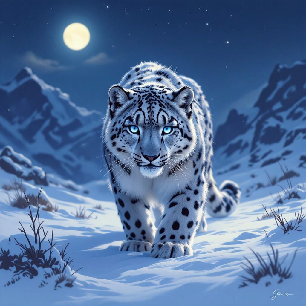 Snow Leopard Stalking in Moonlit Snowscape