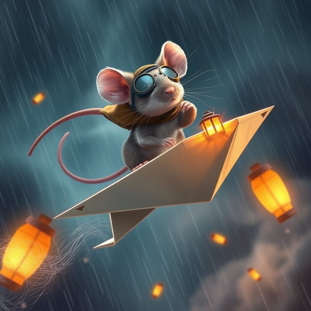 Mouse Pilot Soars in Paper Airplane, Hyperrealistic Art