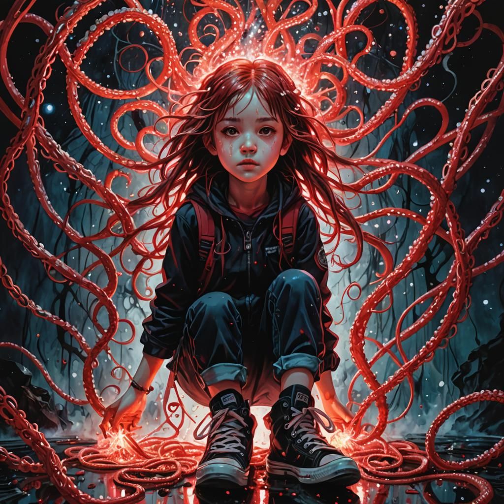 Young Mage Surrounded by Cherry-Red Magic