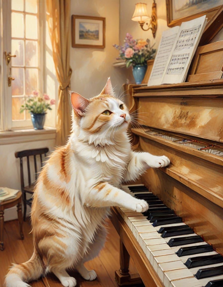 Whimsical Feline Serenade in Soft Watercolor