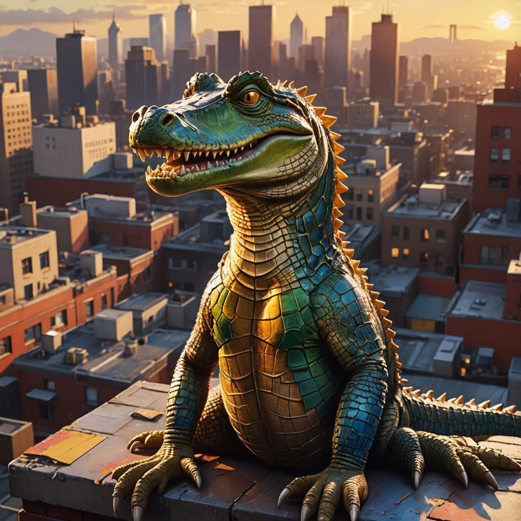 Hyperrealistic Crocodile on Urban Rooftop at Sunset