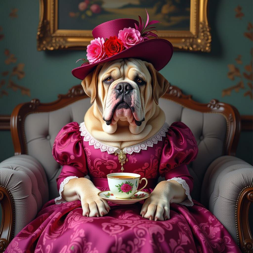 Elegant English Mastiff Enjoys Tea in Victorian Setting