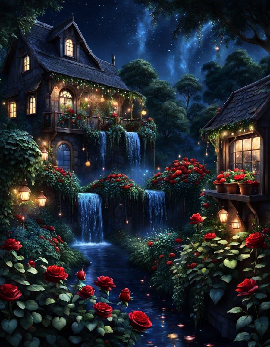 Enchanted Waterfall at Night with Fireflies