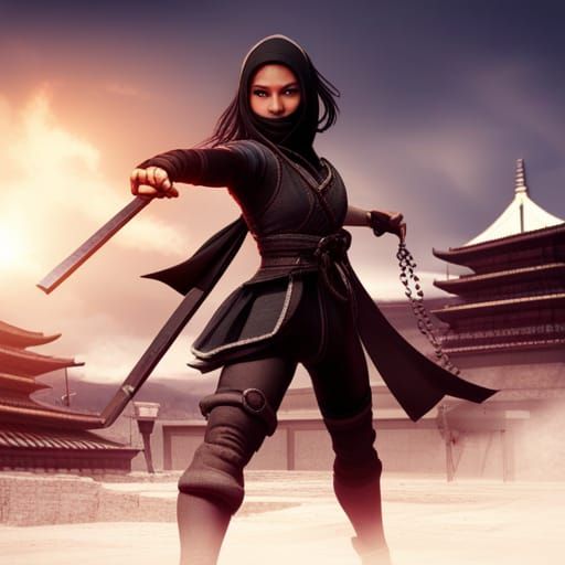 Female Ninja Assassin Throwing Stars in War-Torn Japan