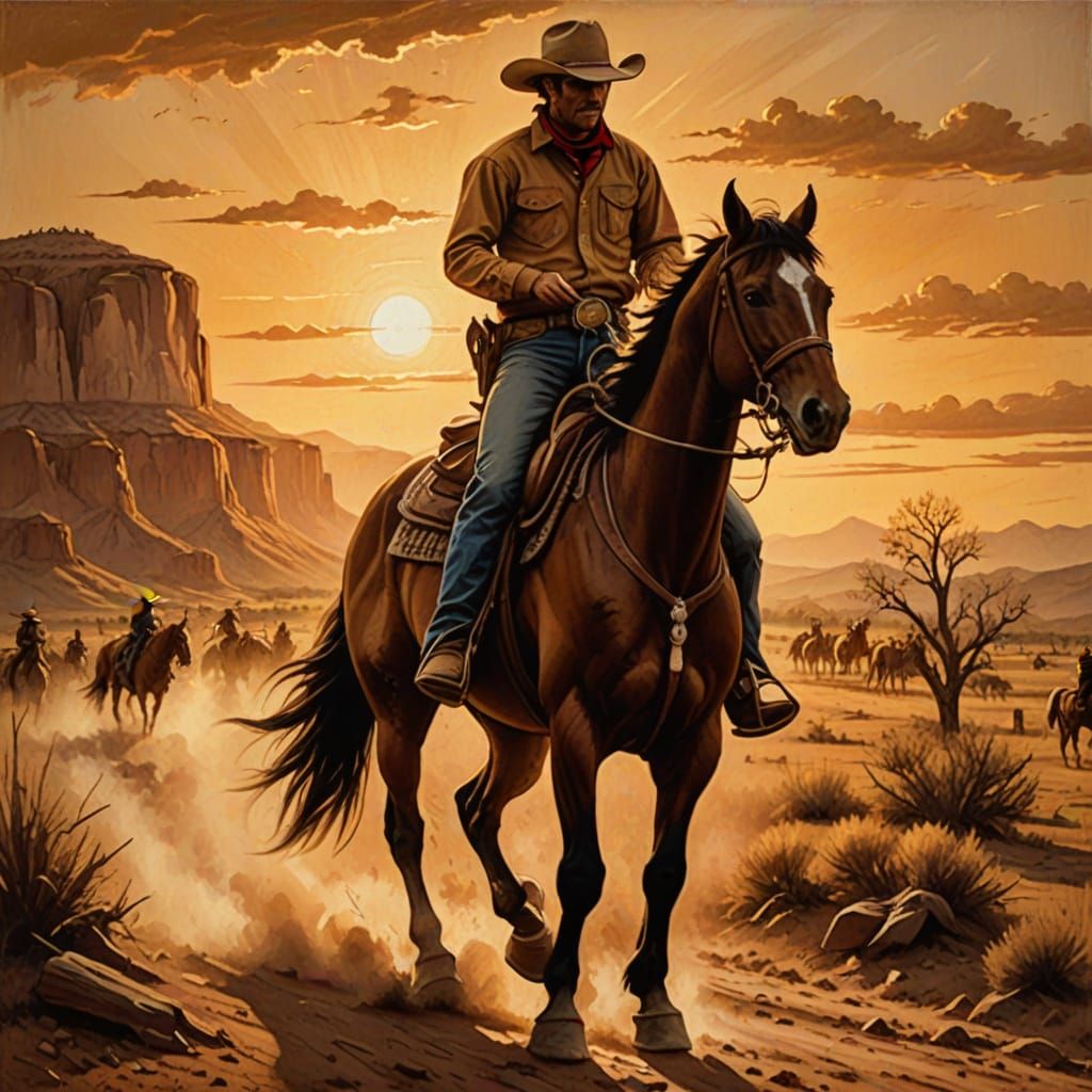 Cowboy on Horseback in Western Oil Painting