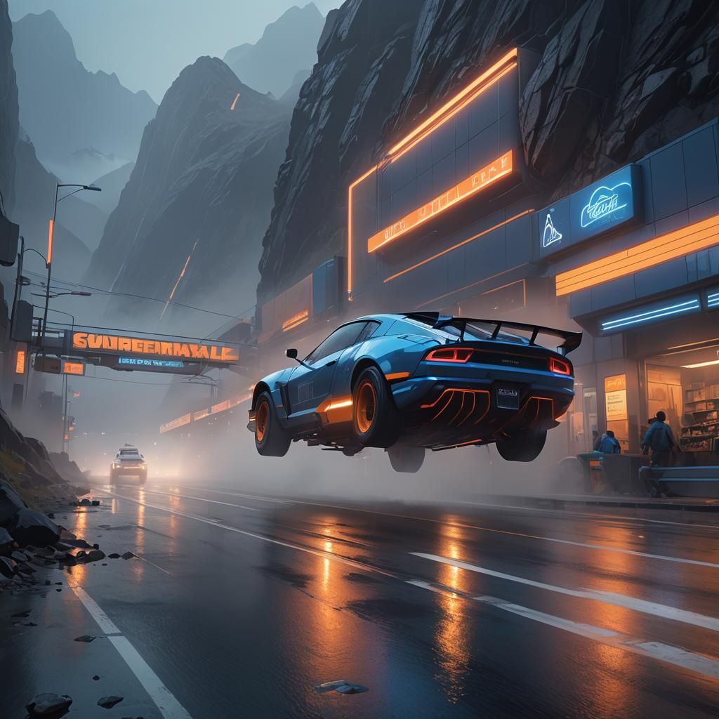 Futuristic Blue Rally Car on Misty Mountain