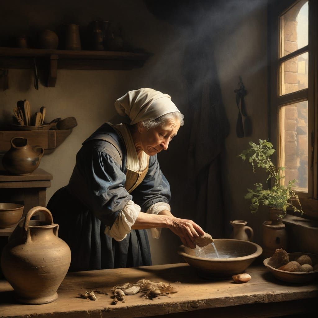 Peasant Woman Washing, 17th Century Oil Painting
