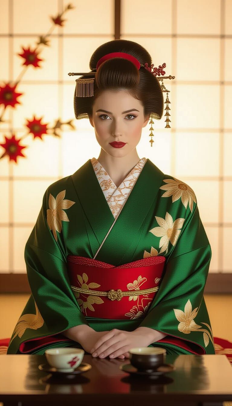 Elegant Woman in Kimono with Burgundy Hair