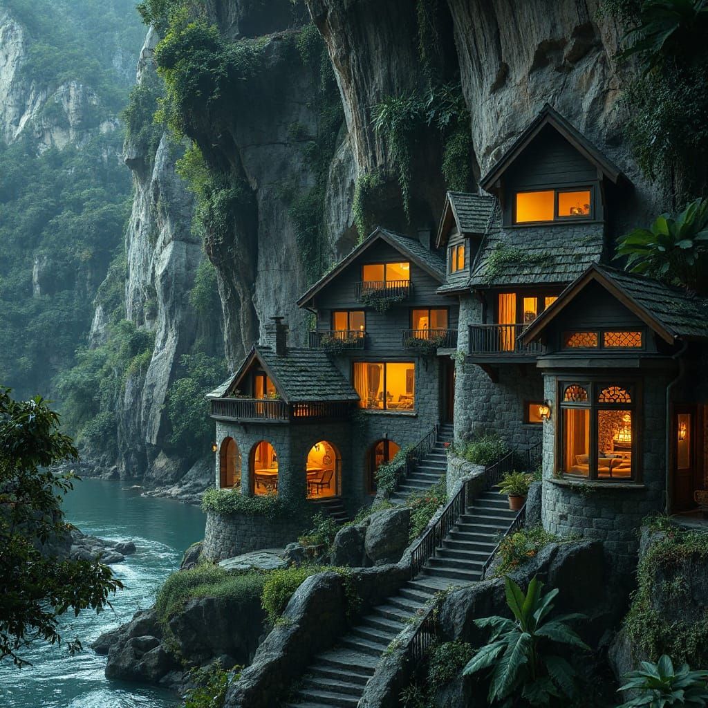 Cliffside Solarpunk Community Overlooking Jungle River
