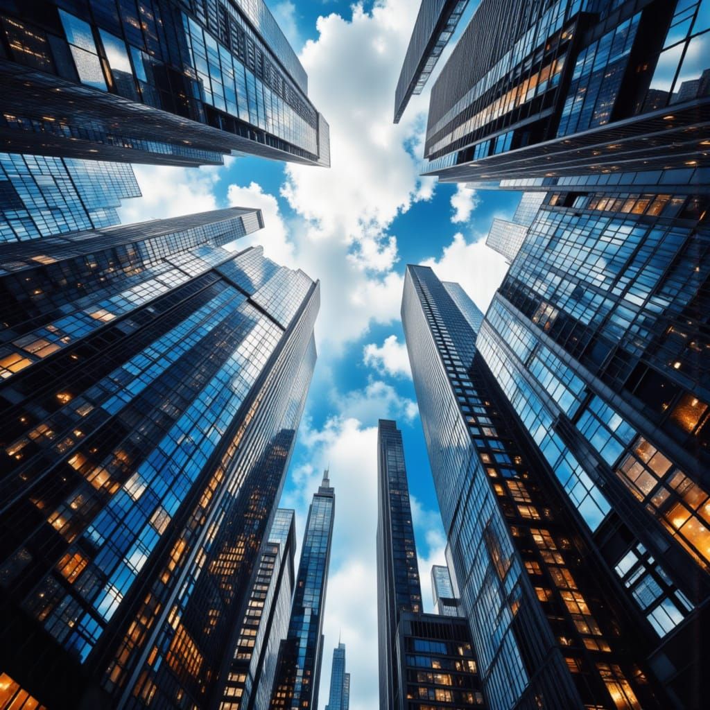 City Skyscrapers Reflect Abstract Sky in Hyperrealistic Styl...