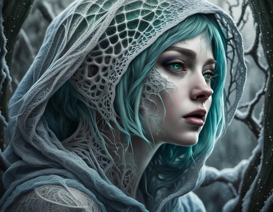 Mystical Spiderwebs on Alien Planet in Winter Landscape