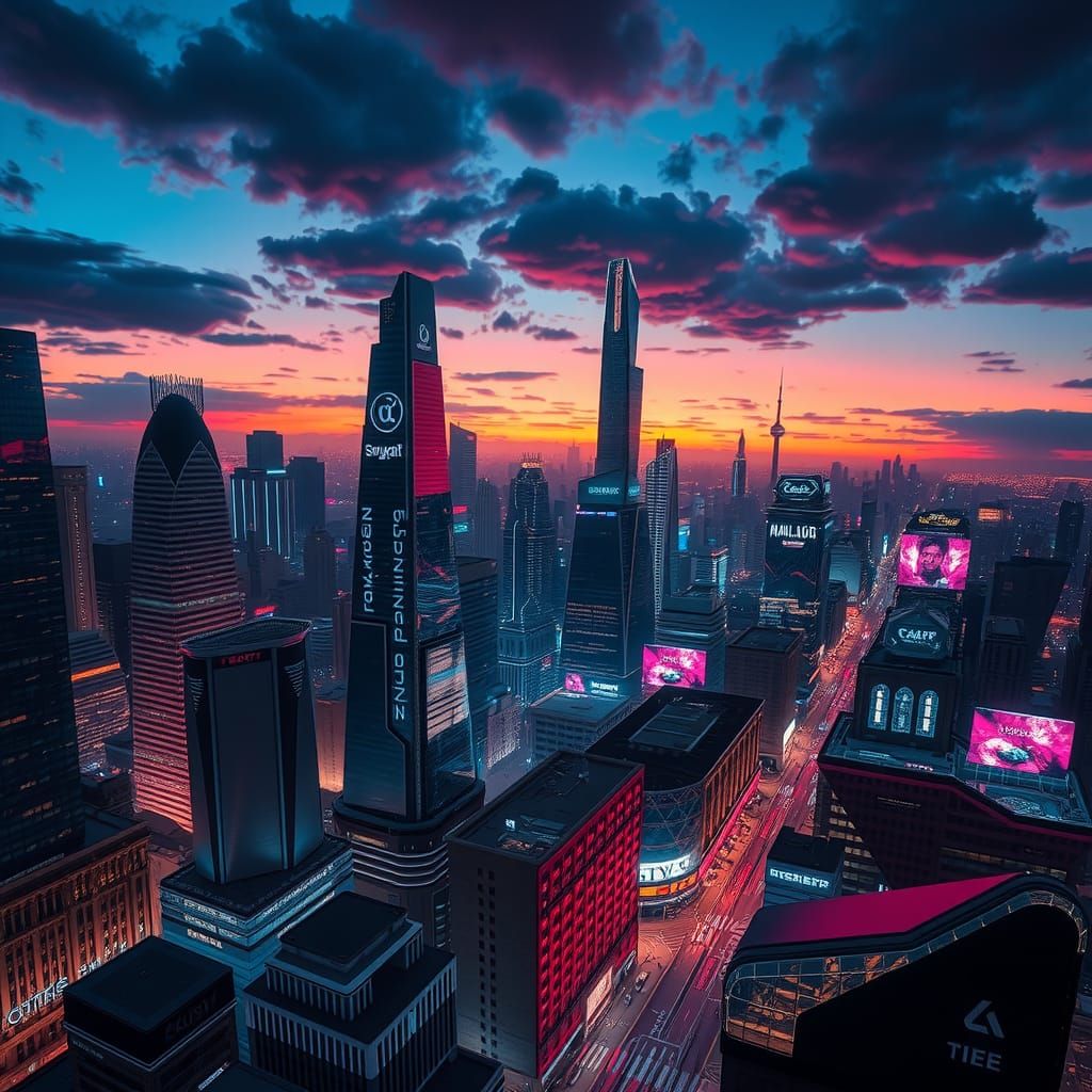 Dystopian Metropolis at Dusk in Cyberpunk Style