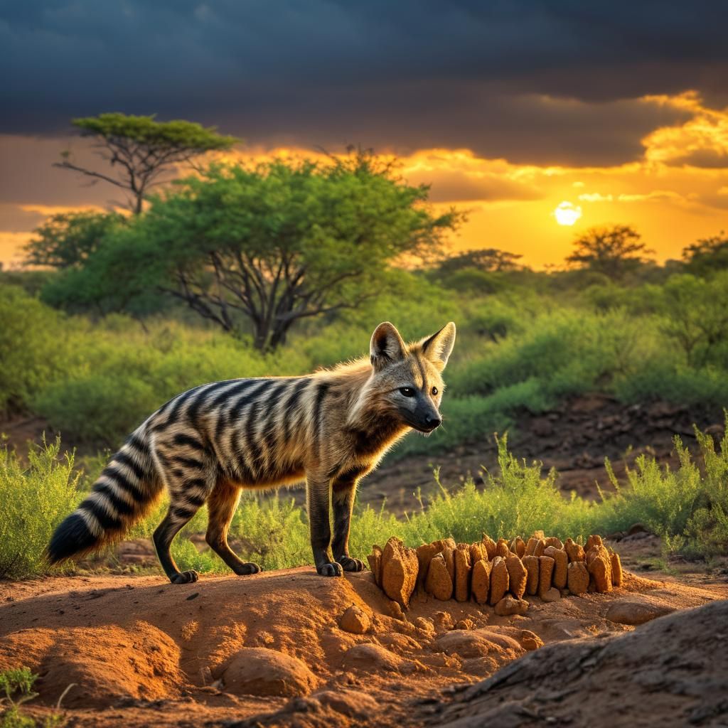 Aardwolf in Hyperrealistic HDR on Termite Mound in South Afr...