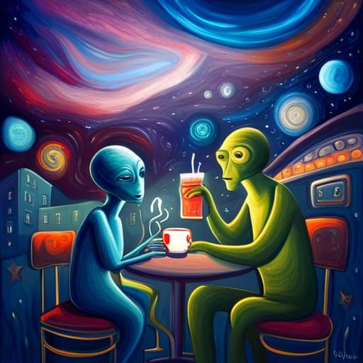 Alien, Human, and Monkey Coffee Break: Abstract Art