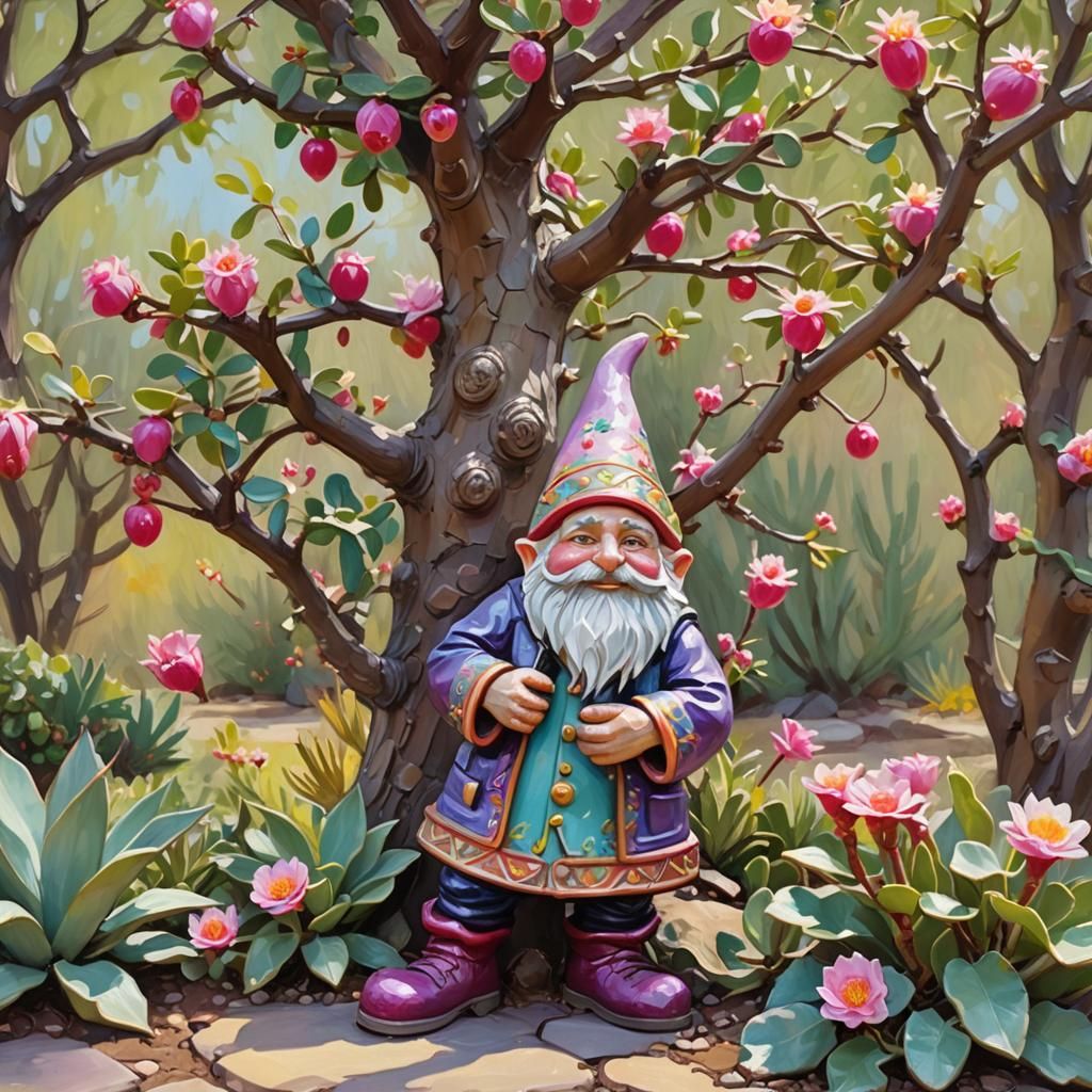 Cactus Gnome in Plum Tree: Impressionist Oil Painting