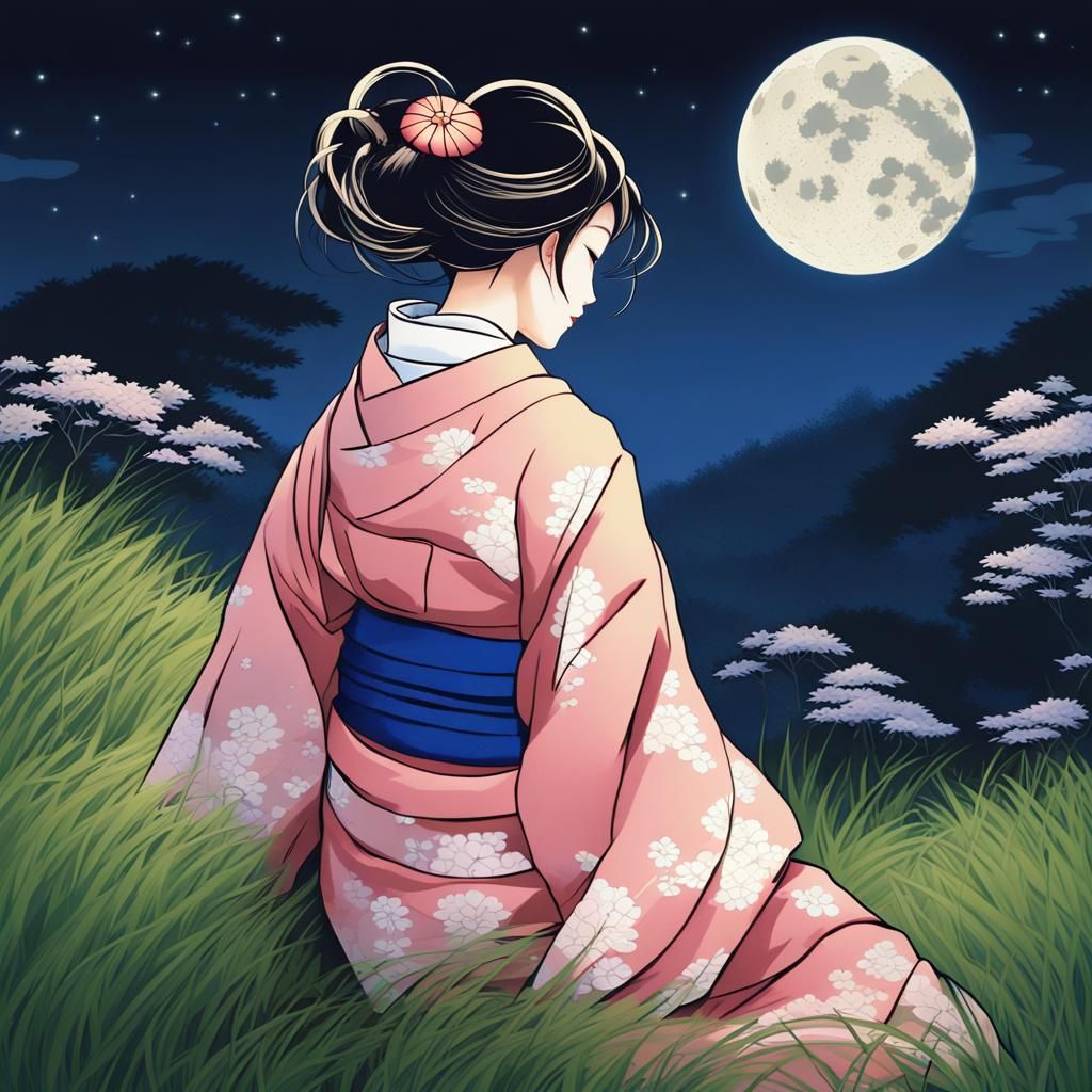 Woman Gazing at Moon in Kimono: Digital Matte Painting