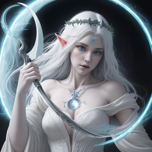 detailed white-clad reaper Elf Goddess dancing with moon-shaped scythe summoned by magic circle, dressed in a pure white...