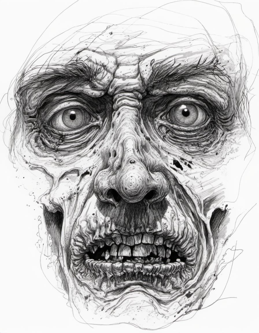 Pen and ink drawing of a zombie