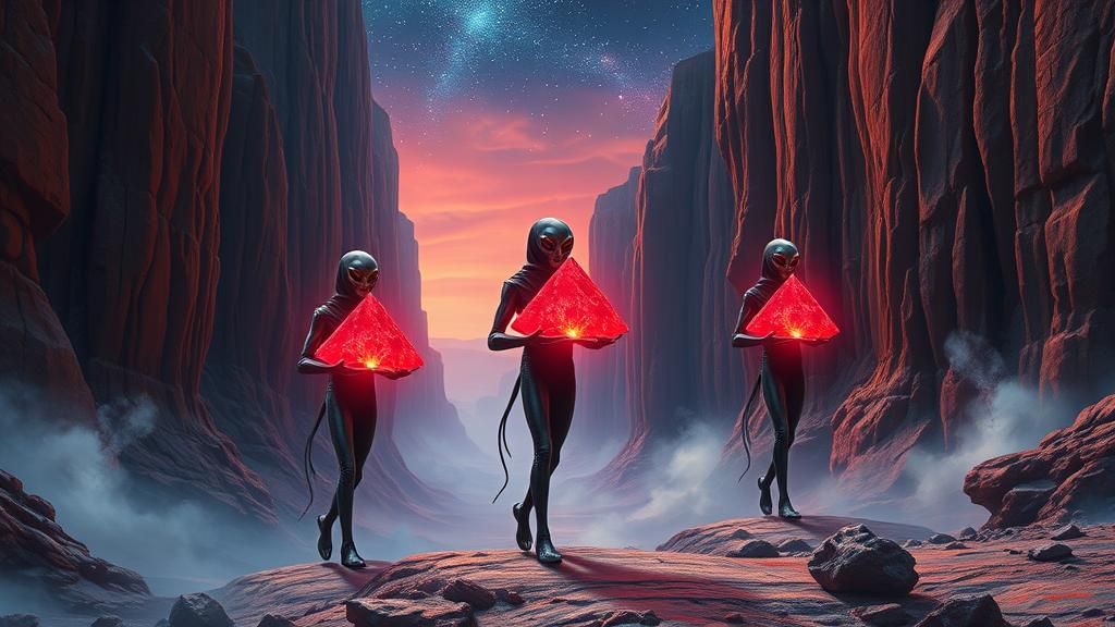 Mystical Aliens Delivering Crimson Pyramids in Dreamlike Can...