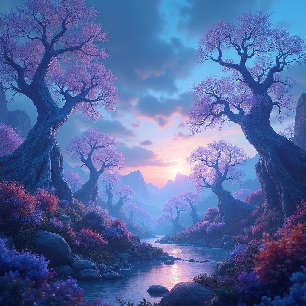 Ethereal Fantasy Landscape with Luminescent Flora
