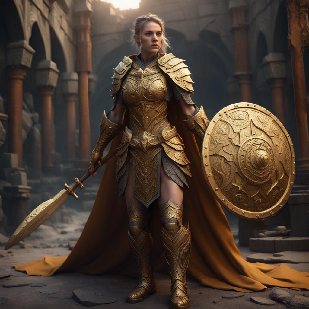 Golden Cloaked Female Warrior in Fantasy Art Style