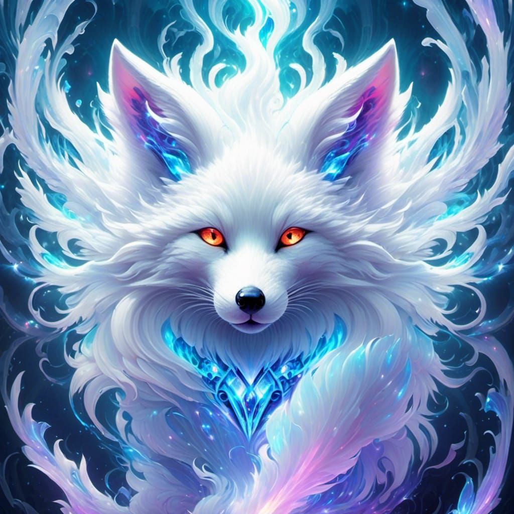 Cute White Fox with Magical Smoke, Broken Glass Effect