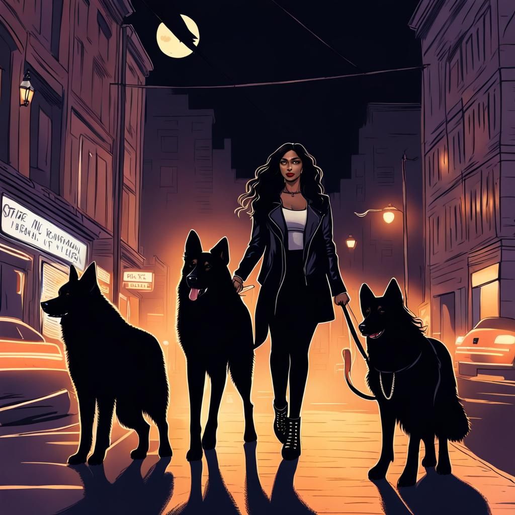 Goth Woman Walking Dogs in Downtown Queens