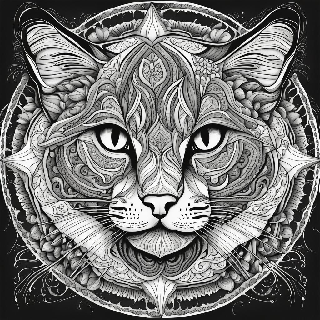 Detailed Mandala Cat Illustration in Delacroix's Style