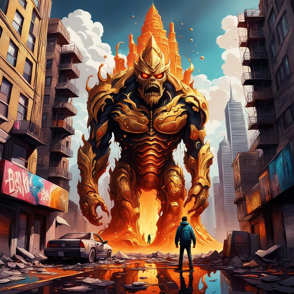 City Destroyed by Lava Monster in Graffiti Art Style