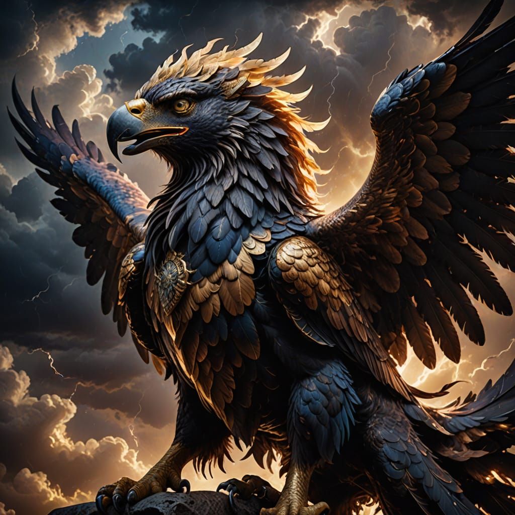 Epic Baroque Griffin Soars in Stormy Sky