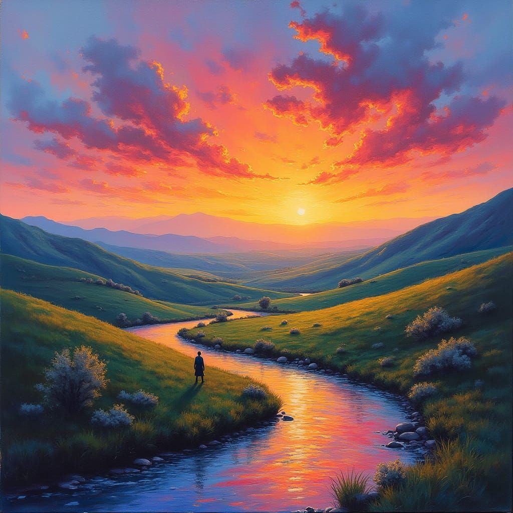 Sunset Over Hills in Expressive Gouache Style