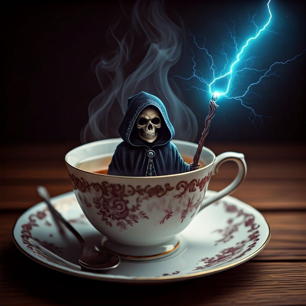 Mystical Skull Wizard in Teacup with Lightning