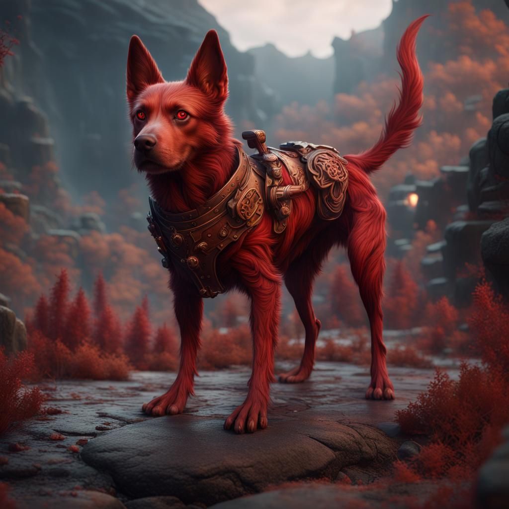 Fantastical Red Dog: Detailed Matte Painting
