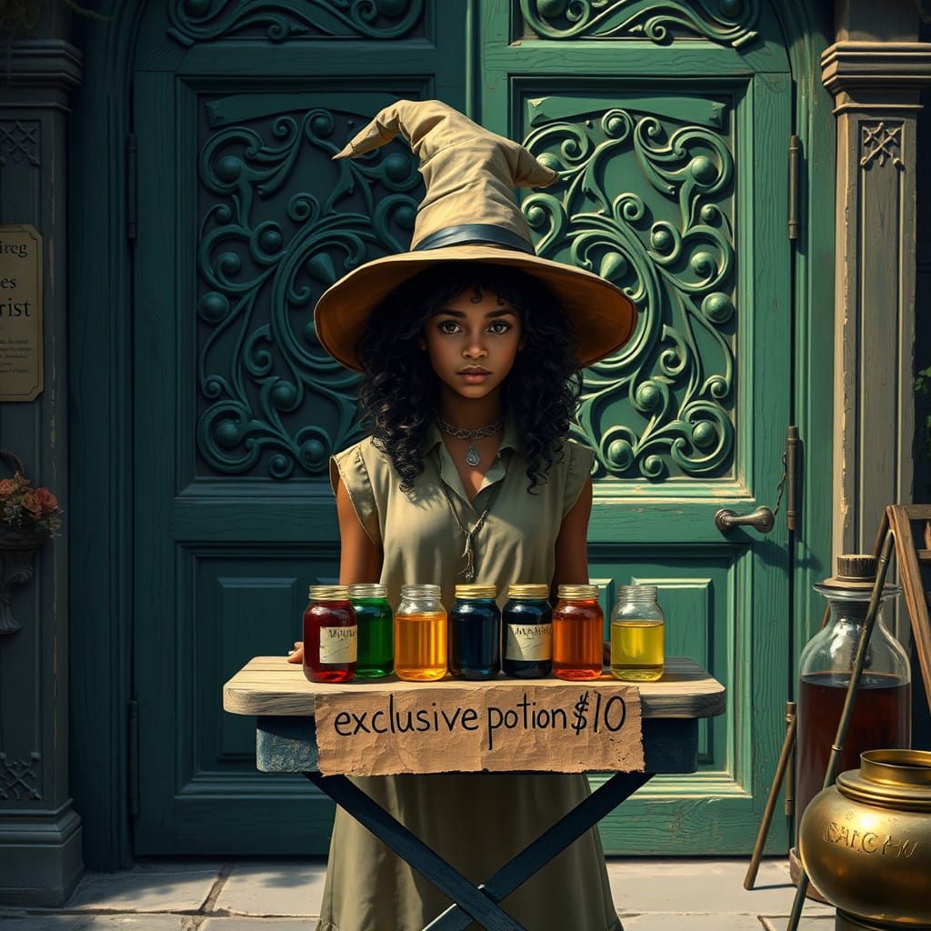 Young Witch Offers Exclusive Potions in Whimsical Shop