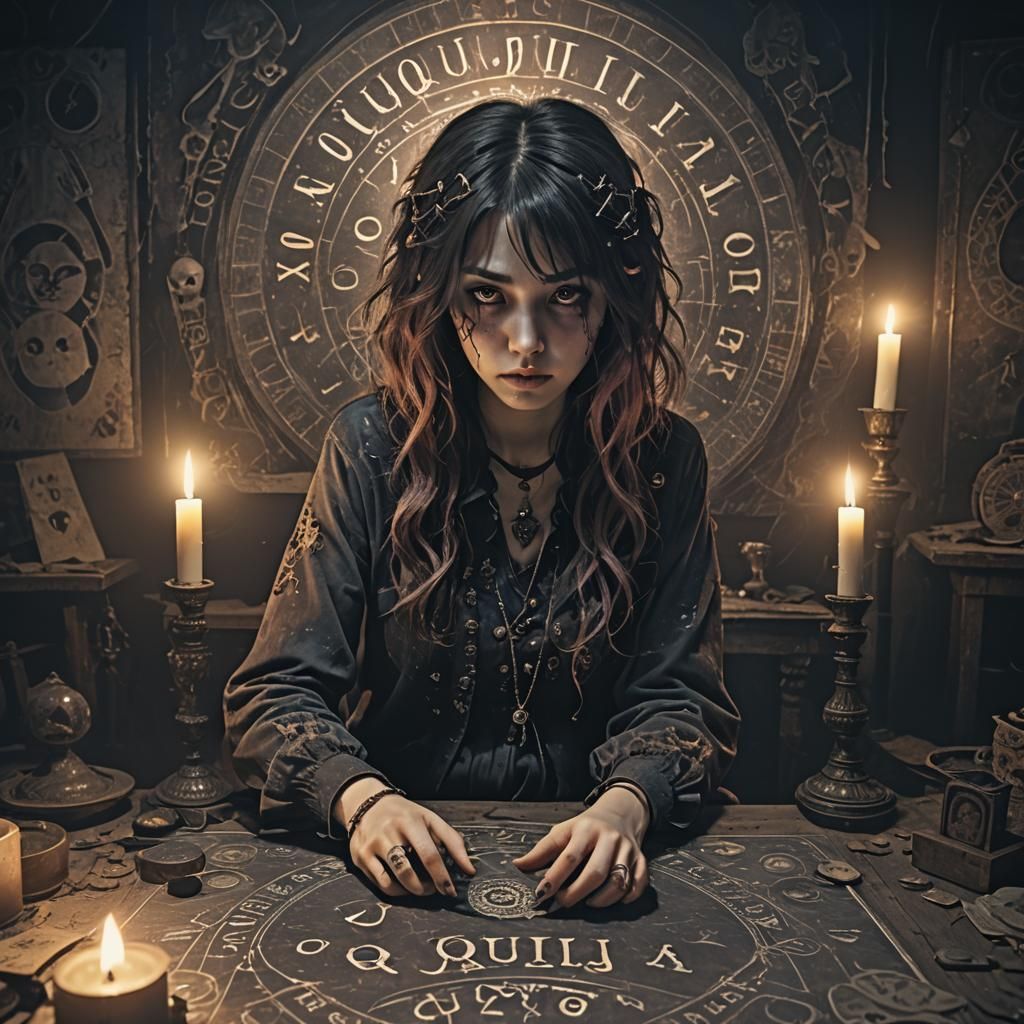 Girl with Ouija Board in Dark Fantasy Manga Style