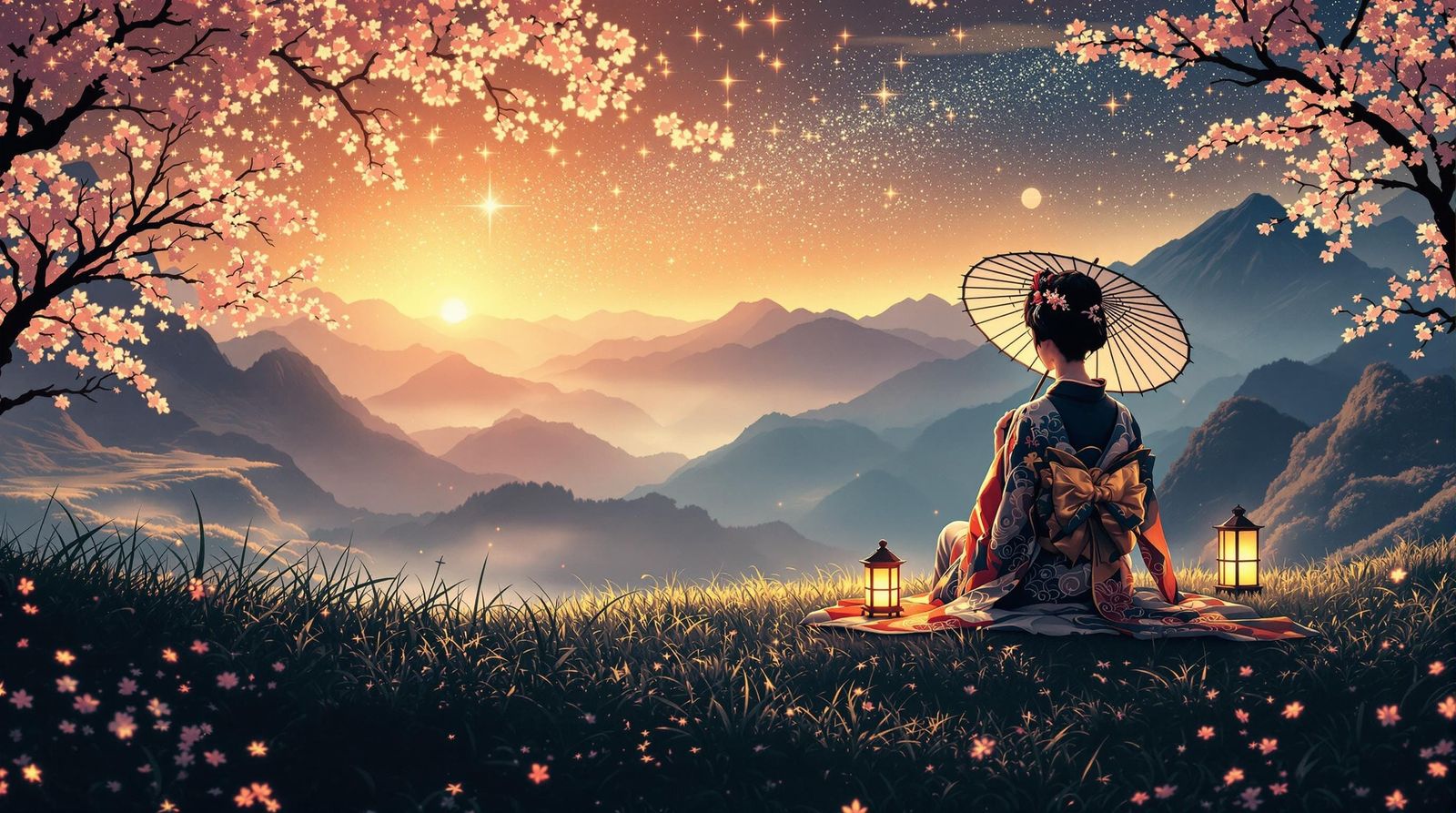 Japanese Geisha Serenity under Starry Night Sky