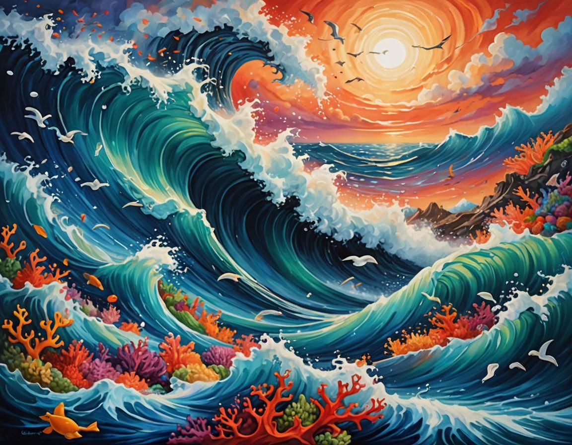 Colorful Ocean Waves Acrylic Painting with Coral Life