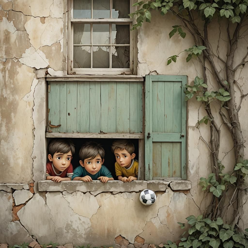 Boys Hide After Soccer Ball Accident: Whimsical Illustration