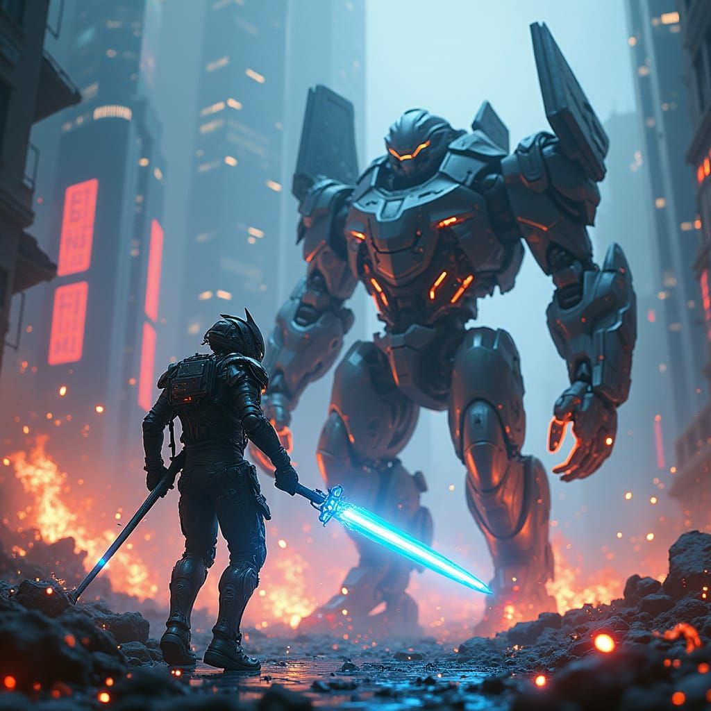 Cyberpunk Cityscape Battle in High-Tech Exosuit