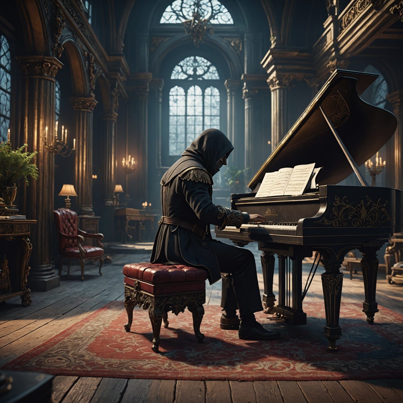Assassin Playing Piano in Detailed Matte Painting