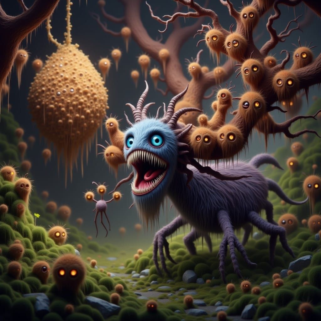 Whimsical Fuzzy Bug Creature Card Design