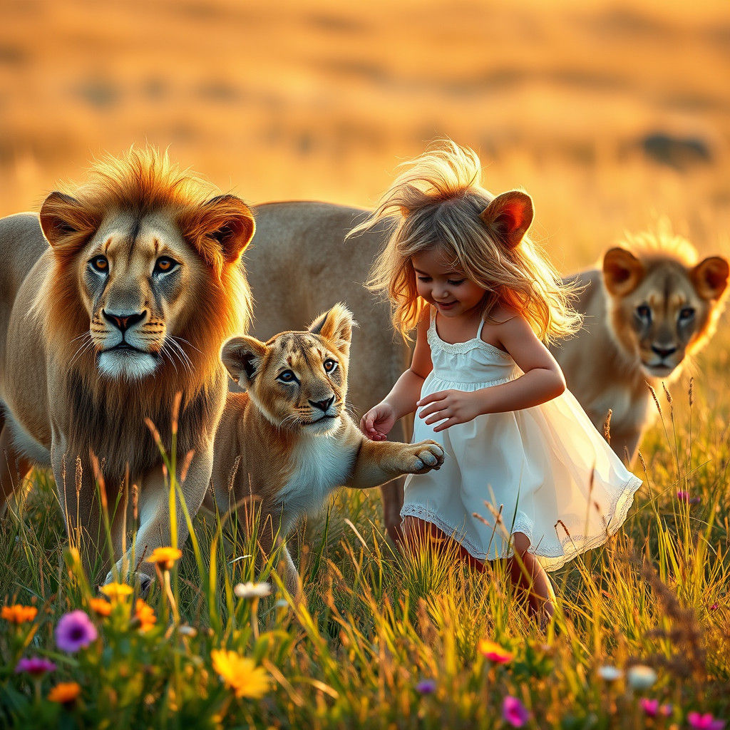 Enchanting Savannah Scene with Lions and Girl