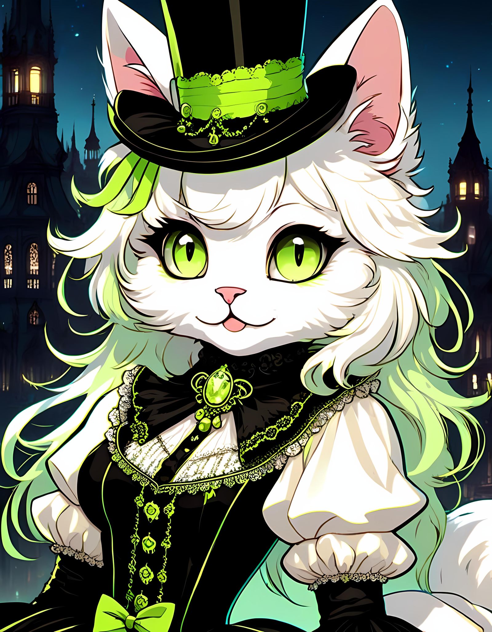 Adorable White Cat in Glitchcore Victorian Style