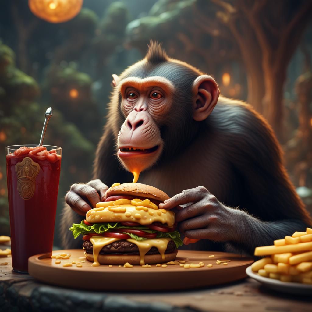 Monkey Eating Cheeseburger: Detailed Matte Painting