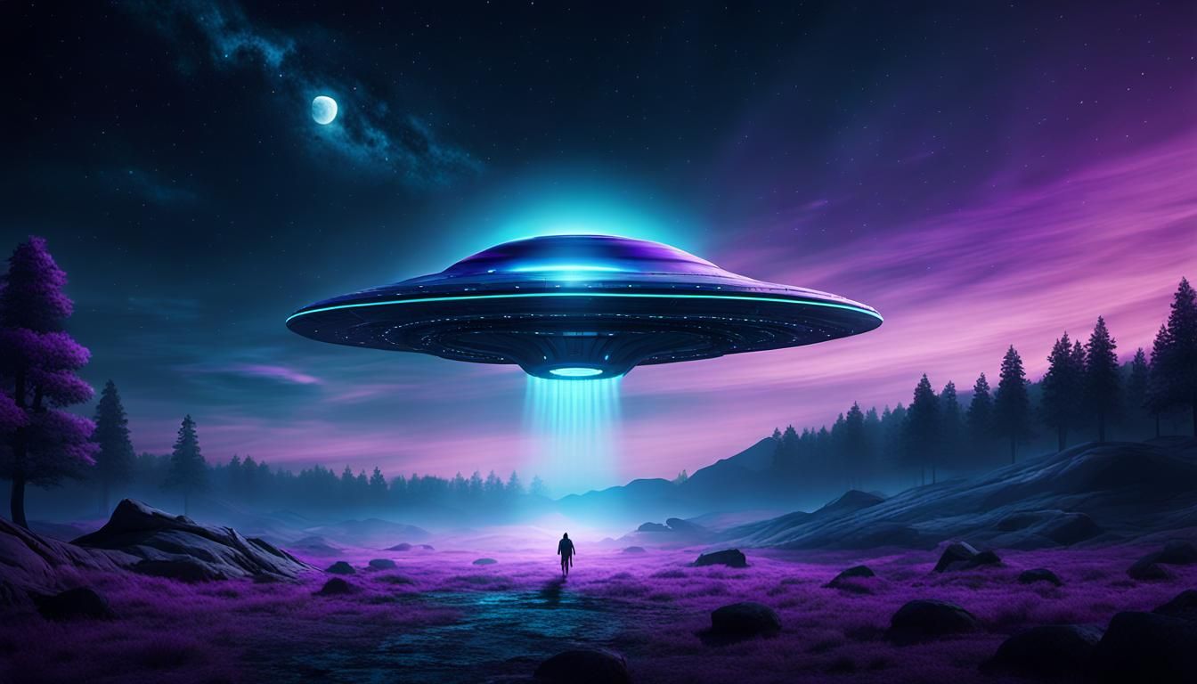UFO in Moody Night Sky: Dark Fantasy Art