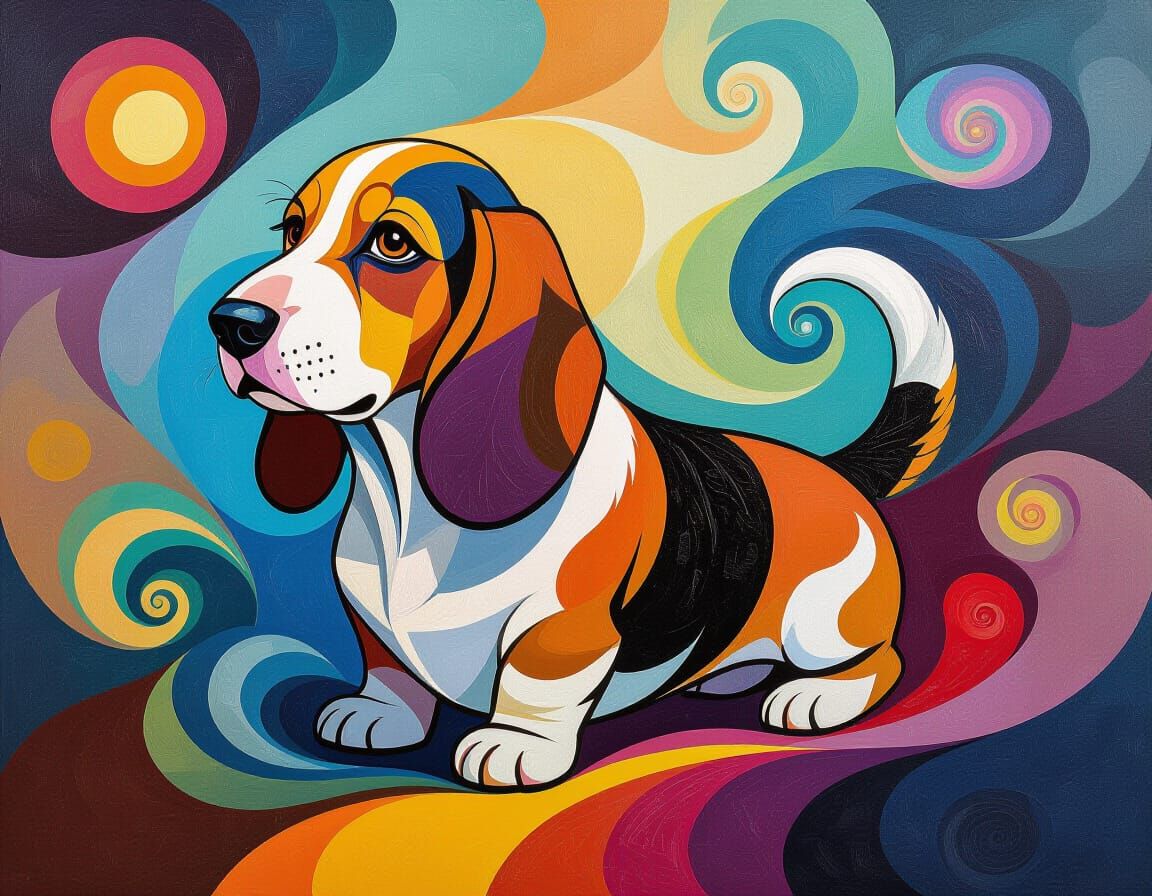Surreal Basset Hound in Swirling Colors