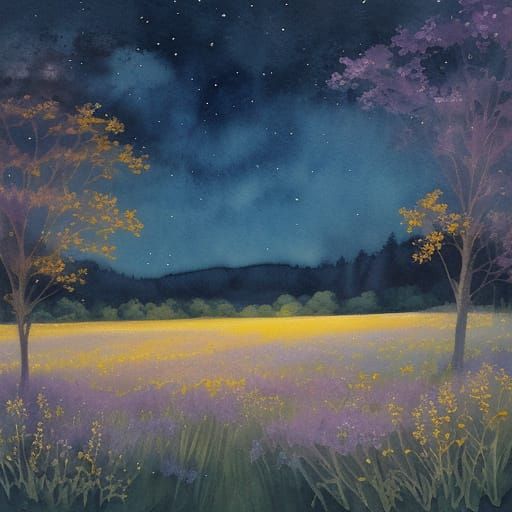 Dreamy Watercolor Summer Night Field with Fireflies