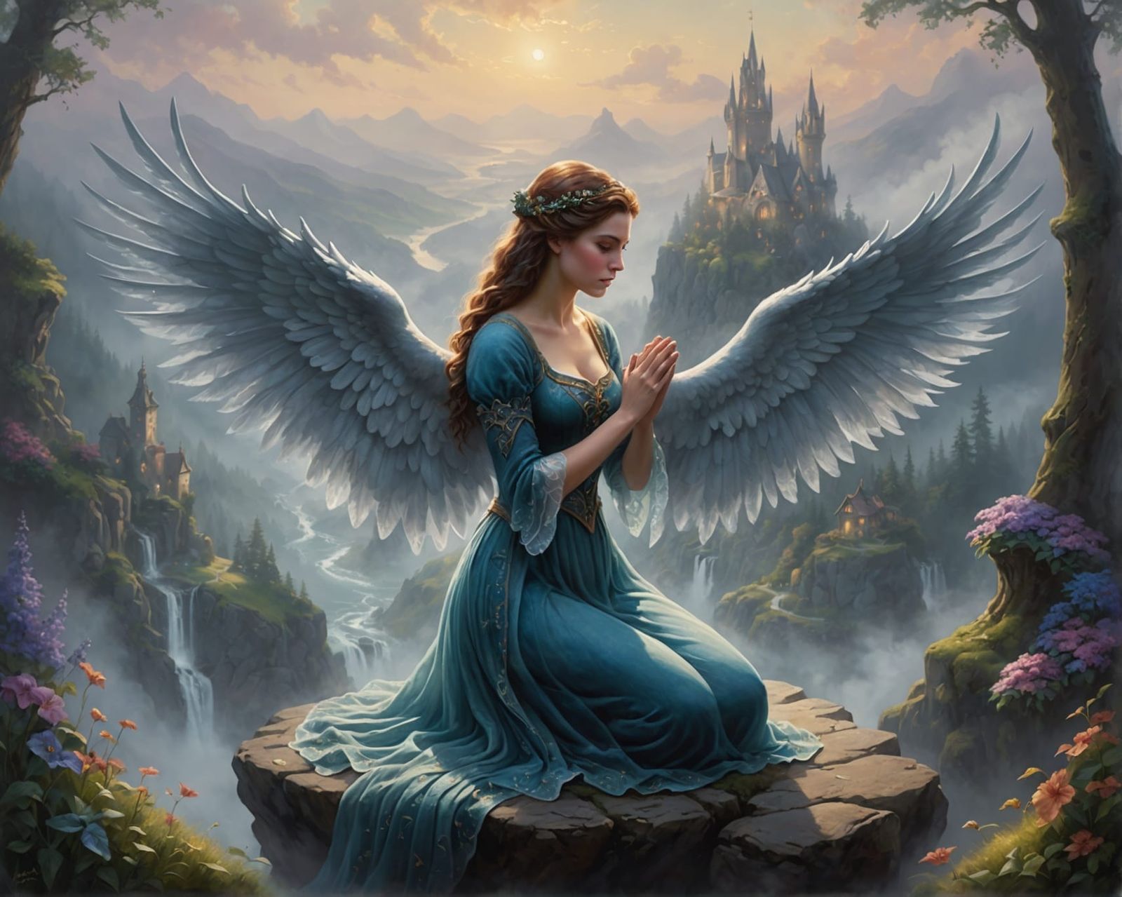 Ethereal Woman Kneeling on Giant Hands