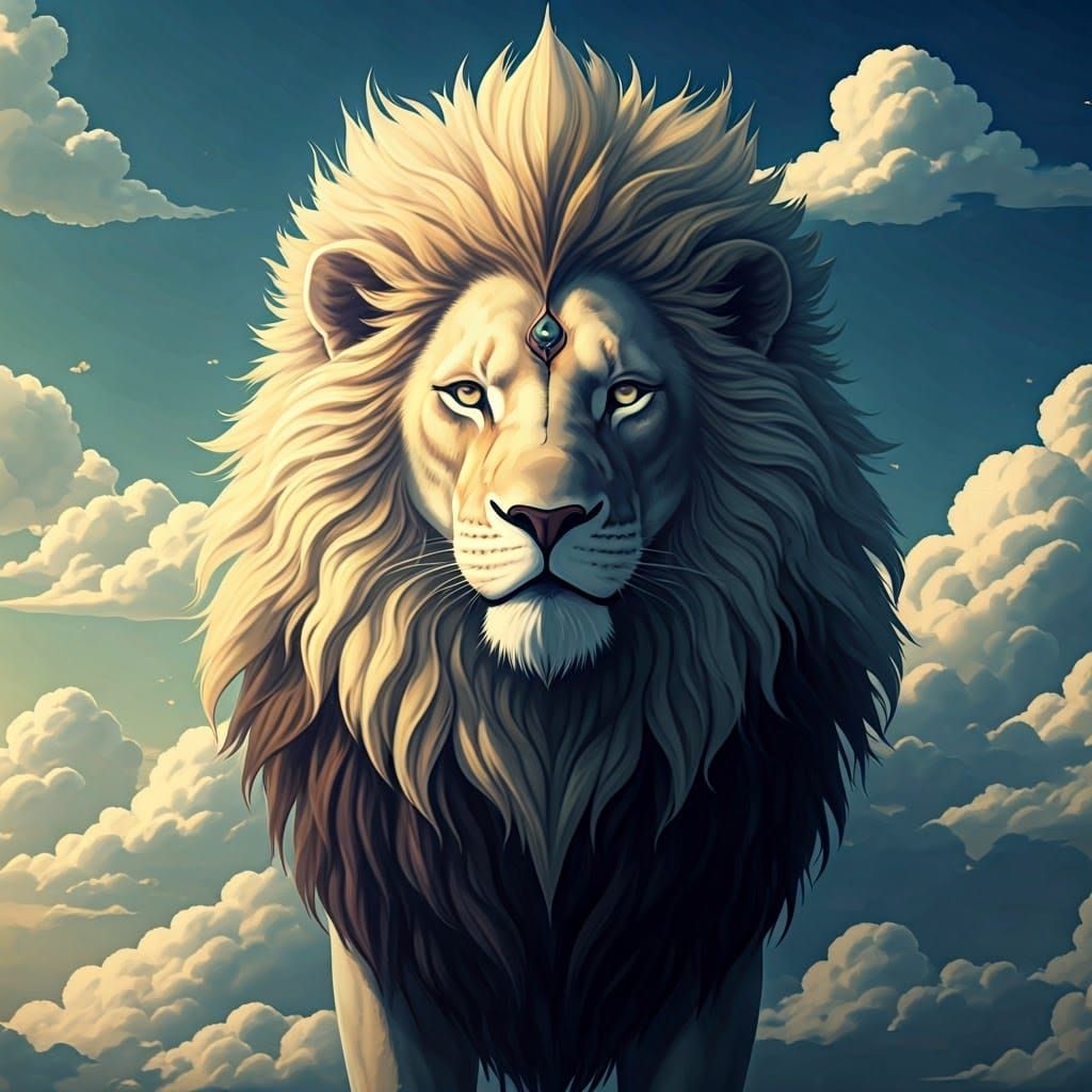 Surreal Lion Composition in Cel-Shaded Manga Style