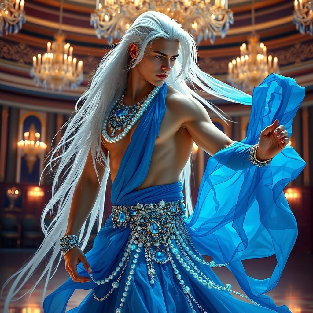 Ethereal Blue Dancer in Opulent Ballroom
